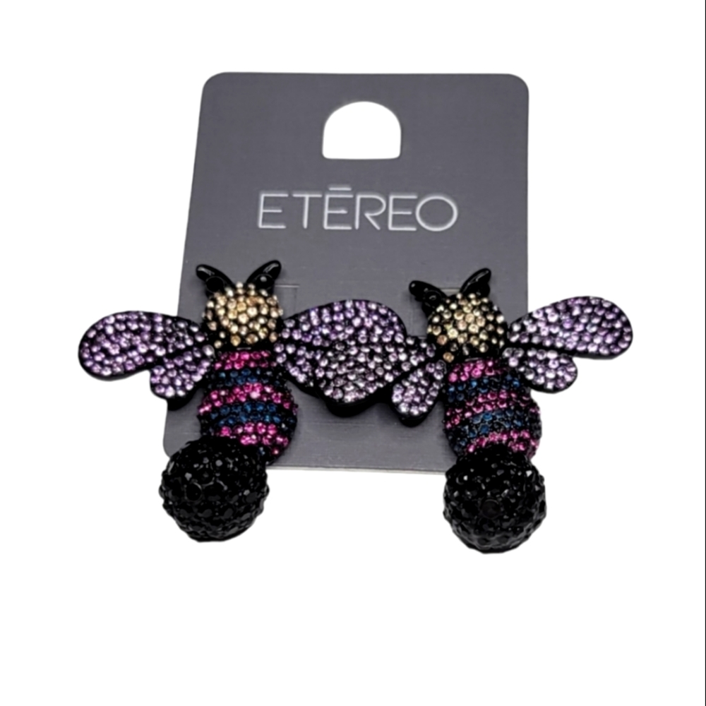 Etereo Twee Kidcore Novelty Purple Rhinestones Bumblebee Earrings